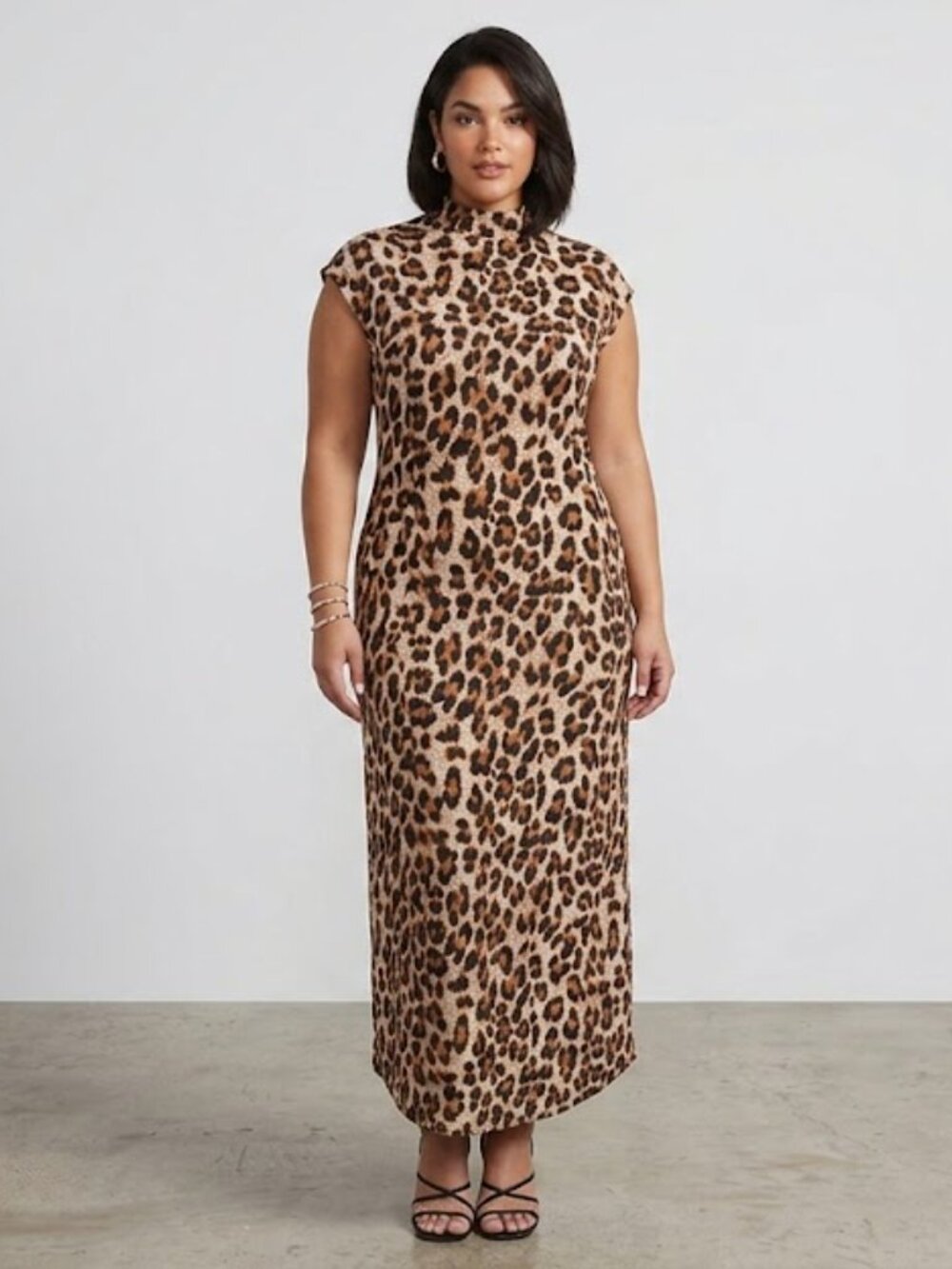 Jolie & Joy Maxi Dress Women's 1X Brown Mock Neck Cap Sleeve Leopard Print